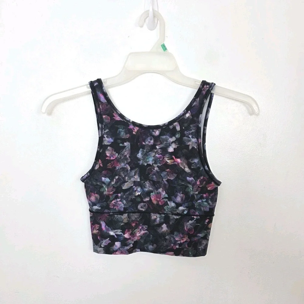 Lululemon Black‎ Purple Floral Cropped Fitness Power Pivot Tank Top Size XS